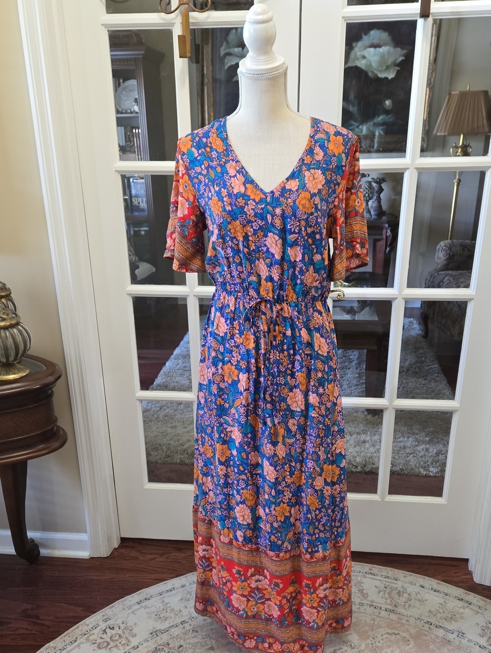 PrettyGarden V-Neck Blue Floral Maxi Dress Pink Orange Aqua Red Orange Small NEW